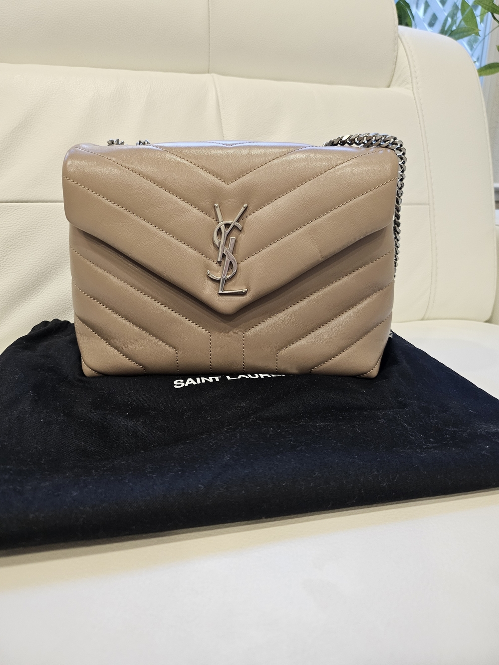 Yves Saint Laurent Quilted Chevron Shoulder Bag in Taupe